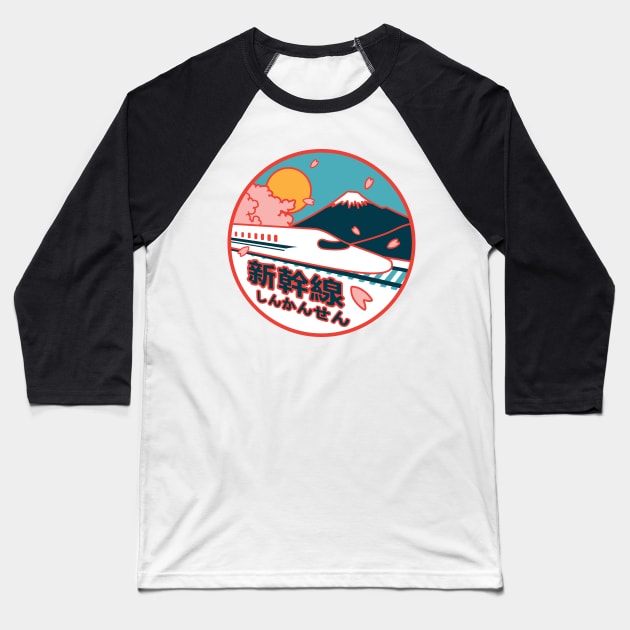 Japan Shinkansen Bullet Train Mt. Fuji and Sakura Cherry Tree Icon Baseball T-Shirt by Charredsky